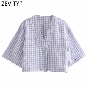 Zevity Femmes Vintage Col En V Plaid Imprimer Casual Blouse Courte Blouse Femme Boutons Lâche Chemise Chic Kimono Chemise Tops LS9259 210603