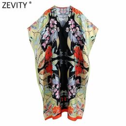 ZEVITY Women Vintage V Nek Positie Bloemprint Loose Midi Jurk Vrouw Chic Batwing Sleeve Side Split Kimono Vestidos DS8267 210603