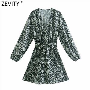 Zeefity Dames Vintage V-hals Afdrukken Boog Gebonden Sashes Mini Jurk Vrouwelijke Ploeg Puff Sleeve Casual Slanke Vestido DS5018 210603
