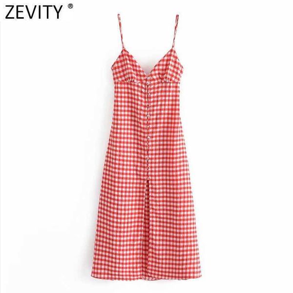 Zevity femmes Vintage col en V rouge imprimé à carreaux poitrine fronde robe mi-longue femme Sexy dos nu à lacets Vestido robes d'été DS8351 210603