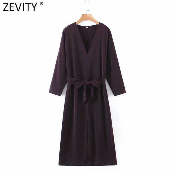 Zevity Femmes Vintage Col V Couleur Solide Couleur Bow Tie Sashes Split Midi Robe Bureau Dames Business Casual Party Robe DS5042 210603