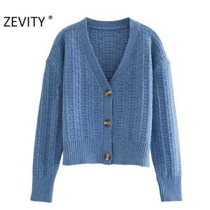 Zevity femmes vintage col en v texture motif pull à tricoter décontracté chic femme à manches longues cardigan à poitrine rétro hauts S405 210603