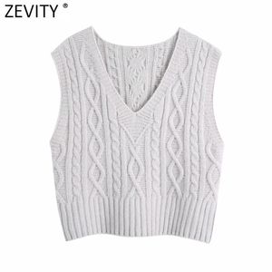 Zeefity Dames Vintage V-hals Twist Crochet Casual Breien Mouwloos Vest Trui Dame Chic Caillon Pullovers Jumper Tops S687 210419