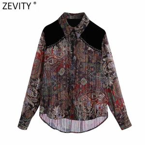 Zeefity Dames Vintage Fluwelen Patchwork Print Chiffon Smock Blouse Office Lady Rivet Design Retro Shirts Chique Blusas Tops LS7407 210603