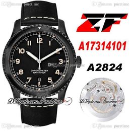 ZF 41mm A17314101 ETA A2824 Relógio masculino automático PVD Aço Mostrador preto Branco Marcadores de números Couro preto com linha branca Puretime PTBL c03