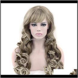 ZF 75 cm 260g blonde en bruin lange grote jerry krullend golvend natuur haar met pony voor vrouwen wnsm7 nxw3f