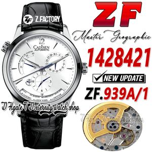 ZF cf1428421 Master Geographic GMT Montre pour homme Réserve de marche réelle A939A/1 Boîtier en acier inoxydable automatique Cadran argenté Bracelet en cuir noir Super Edition Montres d'éternité