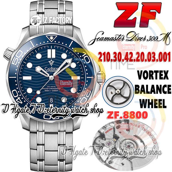 ZF Diver 300m ZF210.30.42.20.03.001 MELLES MENDE A8800 Céramique automatique Céraque Blue Texture Round Markers Bracelet en acier inoxydable Super version Eternity Watches