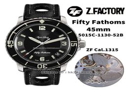 ZF Factory Watches 5015C113052B Fifty Fathoms 45 mm en acier inoxydable CAL1315 Autoamtic Mens Watch Sapphire Célequin noir Canva6217441