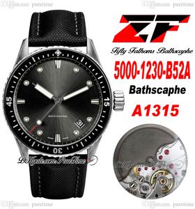 ZF Fifty Fathoms Bathyscaphe A1315 Montre automatique pour homme 5000-1230-B52A Boîtier en acier Cadran gris météore Super Edition Bracelet en toile de voile noire 50 Fathoms Puretime A06a1