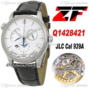 ZF Master Geographic Real Power Reserve JLC A939 Automatische Herenhorloge Q1428421 GMT Steel Case Silver Dial Black Lederen Band Super Edition Horloges Puretime B2