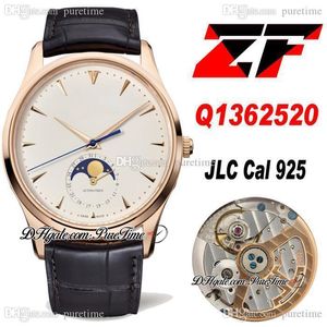 ZF Master Ultra Thin 1362520 JLC Cal.925 Montre automatique pour homme Phase de lune Date 39 mm Or rose Cadran blanc Bracelet en cuir marron Montres Super Edition Puretime b2