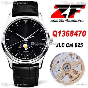 ZF Master Ultra Thin Moon Phase Q1368470 JLC A925 Reloj automático para hombre Caja de acero de 39 mm Esfera negra Cuero (Fase lunar correcta) Relojes Super Edition Puretime A1