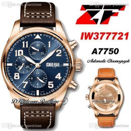 ZF V2 Chronograph Edition Eta A7750 Automatische Mens Horloge 377721 Le Petit Prince 18K Rose Gold Blue Dial Day Datum Brown Lederen Horloges Super Version Puretime N100F6