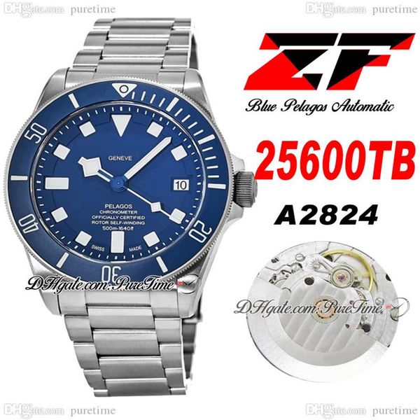 ZF V5 25500 A2824 Reloj automático de titanio para hombre 42 mm Bisel de cerámica Esfera azul Marcadores blancos Pulsera de titanio Super Edition Watche259P