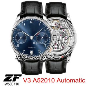 ZF V5 IW500710 Automatische A52010 Echte 7-daagse gangreserve Herenhorloge Blauwe wijzerplaat Zilveren nummermarkeringen Zwart lederen horloges Puretime251S