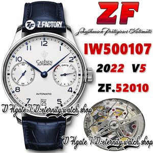 ZF V5 ZF500107 A52010 Automatische Mens Watch White Power Reserve Dial Blue Number Markers Roestvrije kast Blue Leather Strap 2022 Super Edition Eternity Watches
