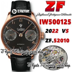 ZF V5 zf500125 A52010 Montre automatique pour homme Cadran de réserve de marche noir Marqueurs de chiffres Or rose Boîtier en acier inoxydable Bracelet en cuir noir 2022 Super Edition Montres d'éternité