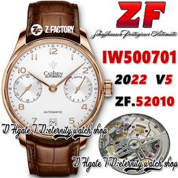 ZF V5 ZF500701 A52010 Automatische Mens Watch White Power Reserve Dial Number Markers Rose Gold roestvrije kast Bruin lederen band 2022 Super Edition Eternity Watches