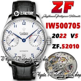 ZF V5 zf500705 A52010 Montre automatique pour homme Cadran de réserve de marche blanc Marqueurs de chiffres bleus Boîtier en acier inoxydable Bracelet en cuir noir 2022 Super Edition Montres-bracelets d'éternité