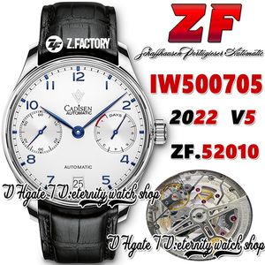 ZF V5 zf500705 A52010 Reloj automático para hombre Esfera de reserva de energía blanca Marcadores de números azules Caja de acero inoxidable Correa de cuero negro 2022 Super Edition relojes de pulsera de eternidad