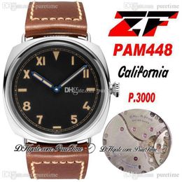 ZF ZF448 00448 California 3 Days P 3000 Handopwindbaar herenhorloge Mechanisch 47 mm stalen kast Zwarte wijzerplaat Bruine lederen band Super Ed3041