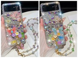 Zflip5 Bling 3D Fleur Papillon Étuis Pour Samsung Galaxy Z Flip 5 Fold 4 3 Fold5 Luxe Strass Dur PC Plastique Diamant Cristal Lady Cover Perles Corssybody Strap