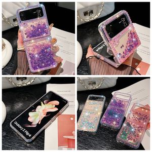 ZFlip5 Bling Diamant Pliant Dur Cas Pour Samsung Galaxy Z Flip 5 4 3 Flip4 ZFlip5 Luxe Strass Filles Shinny Coeur Amour Paillettes PC Acrylique TPU Clair Couverture de Téléphone