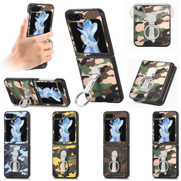 ZFlip5 Finger Ring Holder Fundas plegables de cuero de camuflaje para Samsung Galaxy Z Flip 5 Flip5 Army Military Camo Metal Kickstand Flip Hard PC Plastic Cover PU Pouch