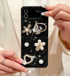 ZFold5 3D Fleur Coeur Amour Bling Diamant Étuis Pour Samsung Galaxy ZFlip5 Z Fold 5 4 Flip 3 Flip4 Dur PC Plastique Antichoc Pliant Brillant Strass Couverture de Téléphone Portable