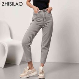 Zhisilao vintage grijs hoge taille rechte jeans broek voor vrouwen losse katoenen knoppen harem vrouwelijke denim pantalon femme 211129
