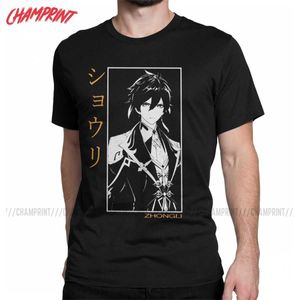 Zhongli Genshin Impact Men's T-shirt Anime Game Leisure T-shirt T-shirt Korte mouw Crew Neck T-shirt Katoen voor volwassen kleding Y0901