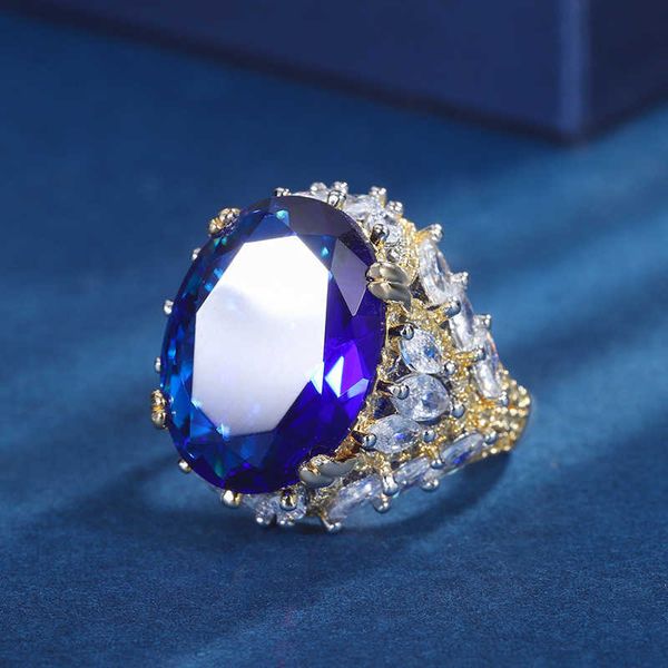 Zhuang shengsheng bijoux cuivre cuivre en bas simulation plaquée royal anneau de trésor bleu royal avec diamants anneau féminin pierre principale 15 * 20