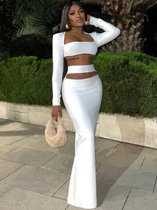 Zhymihre Elegant White Square Collar Crop Top et jupe longue