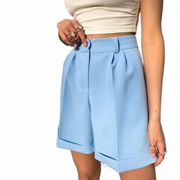 Zhymihret azul elegante traje de cintura alta pantalones cortos mujeres 2023 verano casual sólido ancho pierna bermudas pantalones cortos con bolsillos y01s #
