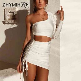 Zhymihret Fashion Fall One Shoulder Dress Dames Sexy Ruched Taille Holle Jurken Lange Mouwen Vestido de Festa Longo 210915