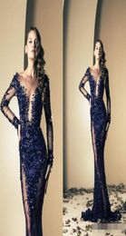 Ziad Nakad 2019 Vestidos de celebridades Sirena Azul real Lentejuelas brillantes transparentes con vestidos de noche de tren de barrido de manga larga Pro1988726