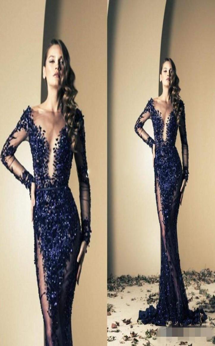 Ziad Nakad 2019 robes de célébrité sirène bleu royal Bling paillettes voir à travers avec manches longues balayage train robes de soirée longue Pro6058599