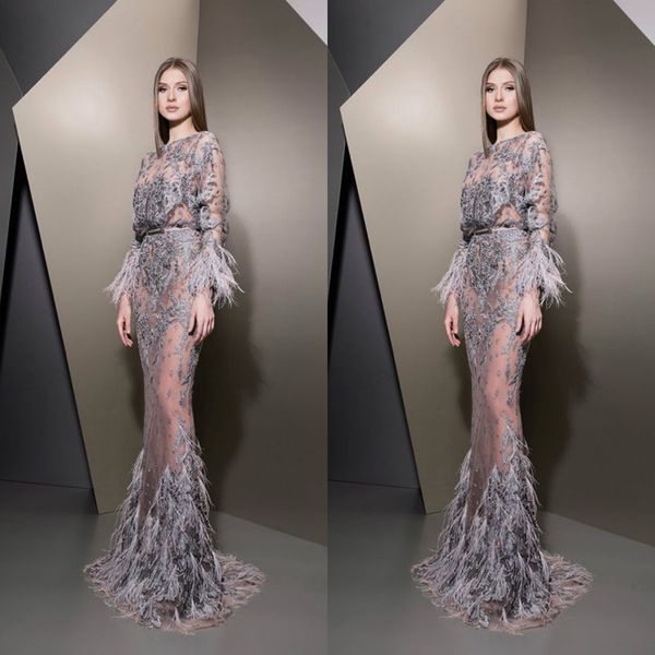 Ziad Nakad 2019 Vestidos de noche Cuello joya Encaje Manga larga Ilusión Plumas Vestidos de baile Lujoso Partido de sirena por encargo Runway248Q