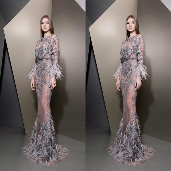 Ziad Nakad 2019 Vestidos de noche Cuello de joya Encaje Manga larga Ilusión Pluma Vestidos de baile Lujoso Fiesta de sirena por encargo Runway231O