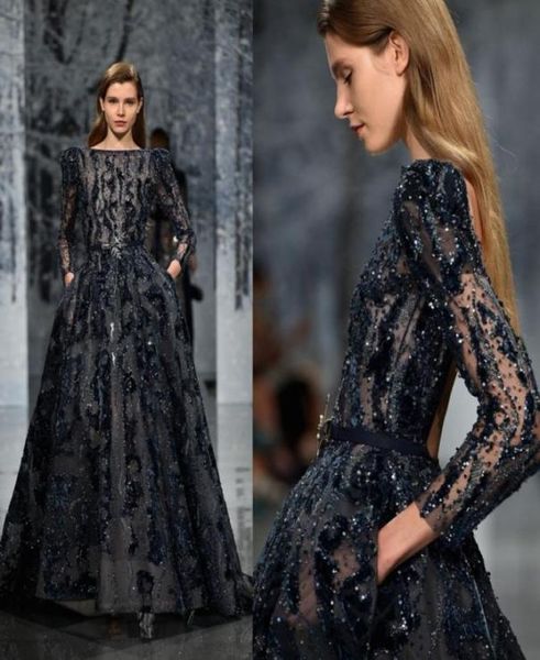 Ziad Nakad 2019 dernières robes de bal de luxe perles paillettes cristal Bateau velours à manches longues robes de soirée de luxe robe formelle Part4752822