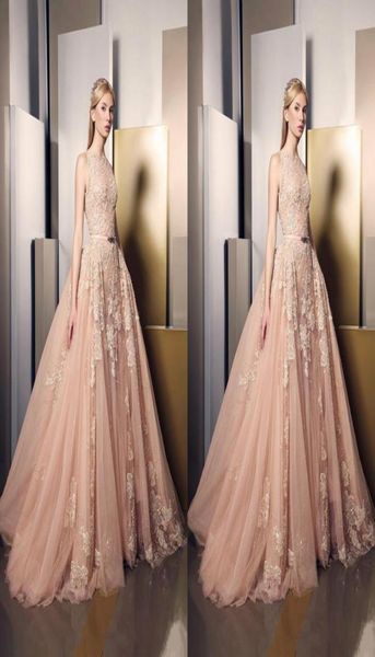 Ziad Nakad 2019 robes de bal Blush rose dentelle formelle robes de soirée de célébrité personnalisé bijou appliques balayage train occasion spéciale Go3330954