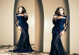 Ziad Nakad 2020 Sexy Celebrity robe sirène voir à travers des applications à manches longues robes de soirée Trumpet Robes de bal Party Wear Navy3779896