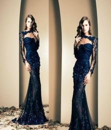 Ziad Nakad 2020 Sexy Celebrity robe sirène Voir à travers les applications à manches longues robes de soirée Trumpet Robes de bal Party Wear Navy9235556