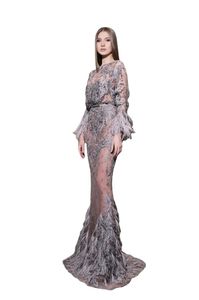 Ziad Nakad Avondjurken Jewel Neck Lace Lange mouw Illusion Feather Galajurken Luxe op maat gemaakte zeemeerminfeest Runway-jurken