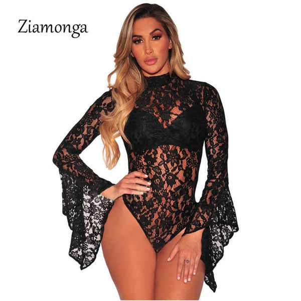 Ziamonga Automne Hiver Corps Feminino 2018 Romers Femmes Sexy Catsuit Noir Dentelle À Manches Longues Body Femmes Macacao Feminino Curto Y0927