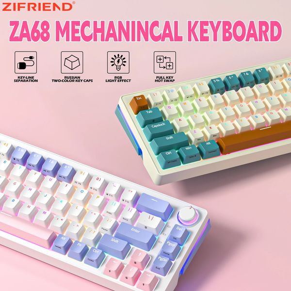 ZIFRIEND Teclado mecánico 68 teclas Intercambiar teclas PBT RGB retroiluminado con cable 2 4 Ghz inalámbrico Bluetooth 60 teclados Lemon Switch 231117