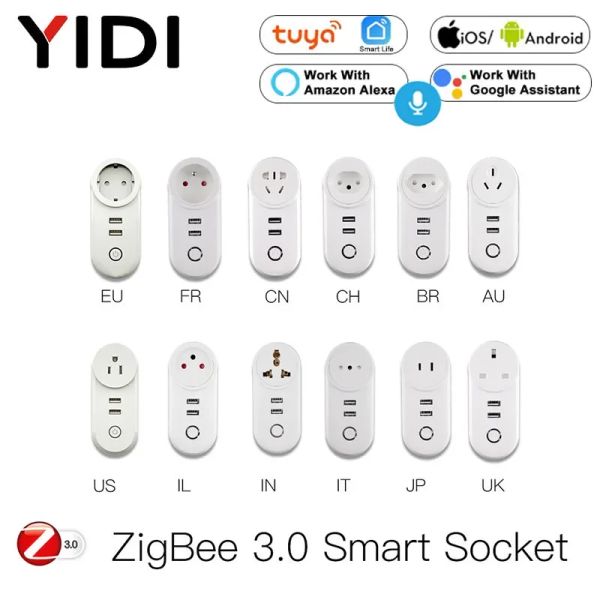 Zigbee 3.0 Smart Socket Plug con 2 interfaz USB Tuya Smart Life App Remote Voice Control SmartThings Echo Alexa Google Home
