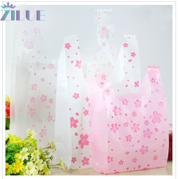 Zilue 100pcs / lot impression simple face cerise supermarché shopping sacs en plastique nouveaux sacs de gilet matériel sacs cosmétiques cadeaux T200115