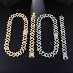 Alliage de Zinc diamant glacé 19mm 2 rangées broche chaîne cubaine Bracelet collier glacé Hip Hop ensemble de bijoux pour hommes femmes rappeur